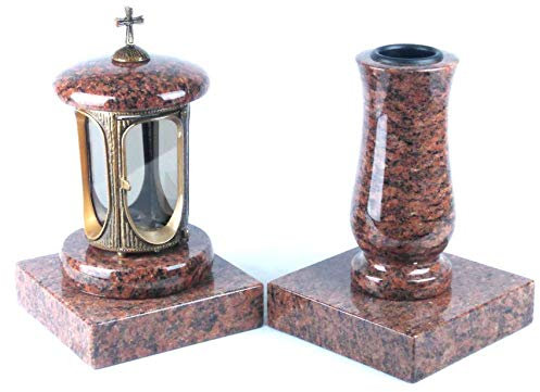 designgrab Grablampe aus messingfarbenem Aluminium in Antikoptik mit Kreuz und Grabvase und 2 Stück Sockel eckig in Granit Vanga