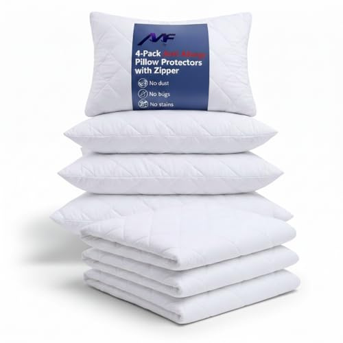 Quilted Pillow Protectors 4 Pack – Soft Anti-Allergy Pillow Protectors with Zipped Closure – Hypoallergenic, Breathable & Feather Proof Zipped Pillow Protector for Comfort (50x75cm, White)