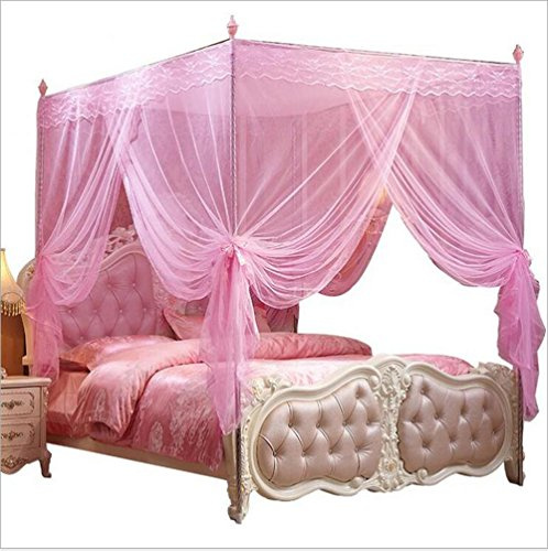 Nattey 4 Corners Post Pink Canopy Bed Curtain Full Bed for Girls & Adults - 4 Opening Mosquito Net - Princess Bedroom Decoration
