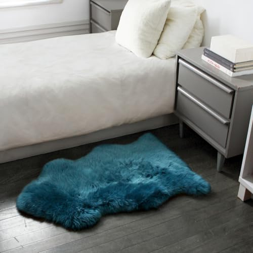 Natural Milan Genuine Sheepskin Area Rugs with Thick and Lush Pile, Fluffy Sheep Fur Rug with Anti-Skid Backing for Bedroom Living Room, Single Pelt, Teal 2 ft x 3 ft
