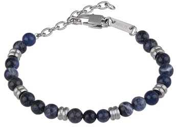 Breil, Collezione Artha, Bracciale Uomo, in Acciaio Satinato e Sodalite, con Proprietà Rilassanti e Pratica Chiusura a Moschettone, Lunghezza Regolabile 17-22 cm, Colore Nero e Blu
