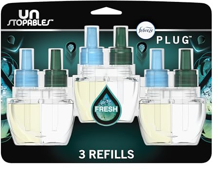 Febreze Plug-in Air Freshener, Odor-Fighting Scented Oil Refill, Air Fresheners for Home, Bathroom and Kitchen, Long Lasting, Unstopables Fresh Scent, 0.87oz Refills, Multi Color, 3 Count