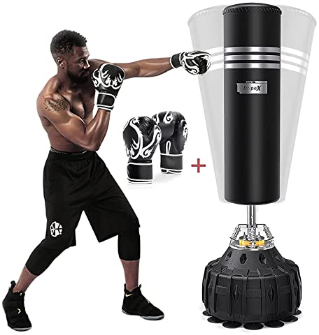 Dripex Saco de Boxeo de Pie para Adultos, Compañero de Boxeo de MMA, Entrenador de Boxeo, Resistente, con Base de Succión, Rellenable de Arena 80kg /Agua 60kg Aprox (Negro con Guante)
