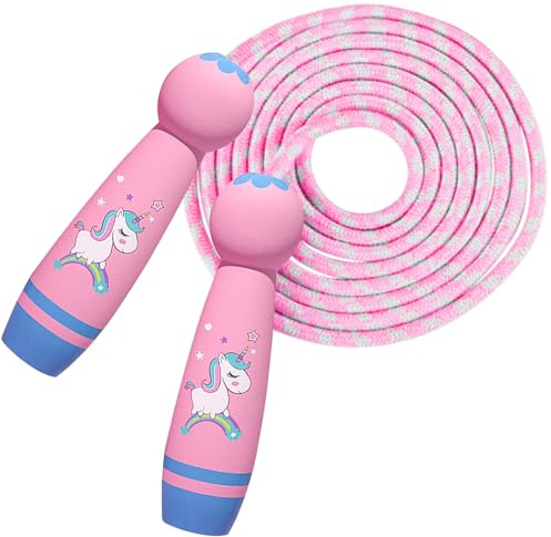 Corde à sauter réglable pour enfants avec manche en bois - 2,6 m, coton, poignée de dessin animé, saut 6 8 10 ans