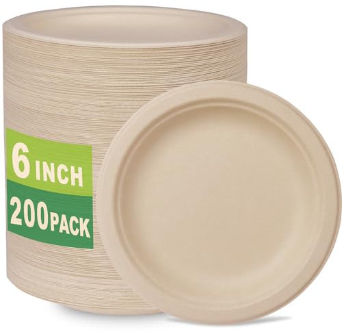 GreenWorks 200 Count 6“ Small Compostable Dessert Plates, Heavy-duty Unbleached Biodegradable Bagasse and Bamboo fiber Paper Plates …