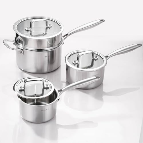 DELARLO Kökskruka set, tre lager rostfritt stål kastrullset, 1,0QT 2QT 3,5 QT, matlagnings set, snabb jämn värme, kastrullset kompatibel med alla hällar 325 ° C (3,5 F)3,5 QT kastrull med en ångkokare