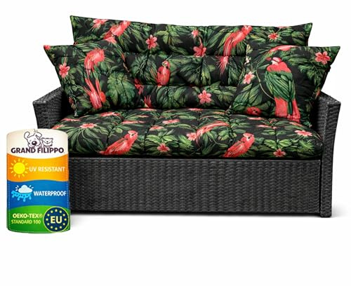 Filippo Coussins de Chaise de Jardin, 140 x 55 x 55 cm, Motif perroquets, Coussins pour balancelle hollywoodienne résistants à la moisissure, Coussins Faits à la Main, pour balancelle hollywoodienne