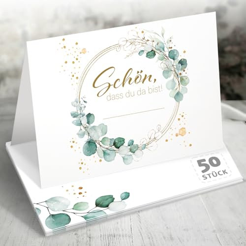 50x Tischkarten Hochzeit Eukalyptus – Schön, dass du da bist – Florales Design mit Goldakzenten, Namenskarten Platzkarten für Hochzeit, Geburtstag, Konfirmation, Design Edition, Funke & Brand