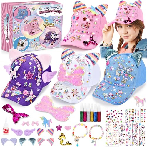 Aragallant 4 Pcs Cadeaux pour Filles DIY Casquette de Baseball, Kit de Bricolage pour Enfants avec Sticker Licorne Diamant Sirène et Bracelet, Retour à L'école Anniversaire Noël Cadeau Filles 4-12 Ans