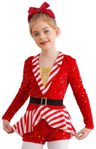 Manyakai Kids Girls Long Sleeve Stripes Sequins Gymnastics Dance Leotard Bodysuit for Christmas Party Performance Red 9-10 Years