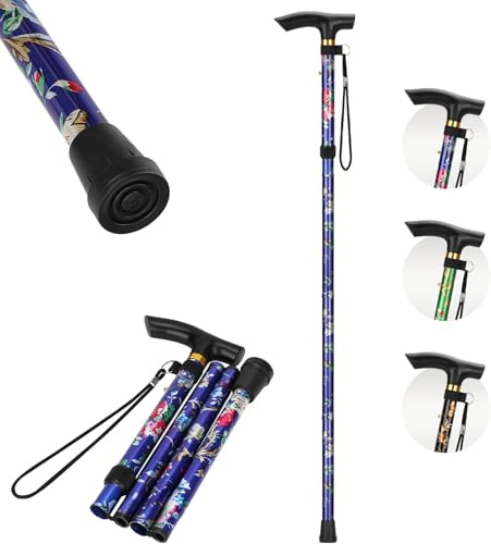 NCS35® Adjustable Folding 1x BLUE FLORAL Walking Stick for Women & Men Lightweight Collapsible Mobility Aid with Pivot Tip, Comfortable Grip, and Anti-Slip Design Ideal for Travel Floding Stick