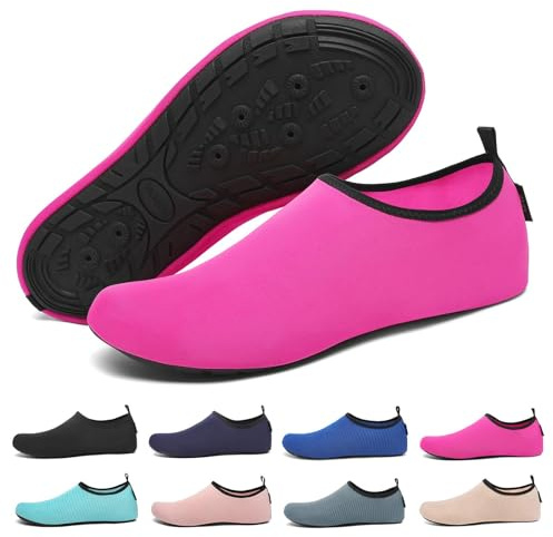SAGUARO Chaussures Aquatiques Femme Antidérapante Chaussure Eau Respirant Chaussure de Plage Séchage Rapide Chausson Piscine Pieds Nus Chaussettes Aquagym avec 7 Trous de Drainage Rouge Rosé GR.36/37