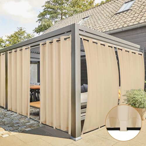 Teruntrue Cortina para Exterior 2 Piezas Cortinas Exteriores Impermeable Protección Solar, Cortinas para Balcones Pérgolas con Ojales, Cortinas con Trabillas en La Parte Inferior (213 x 254cm, Beige)