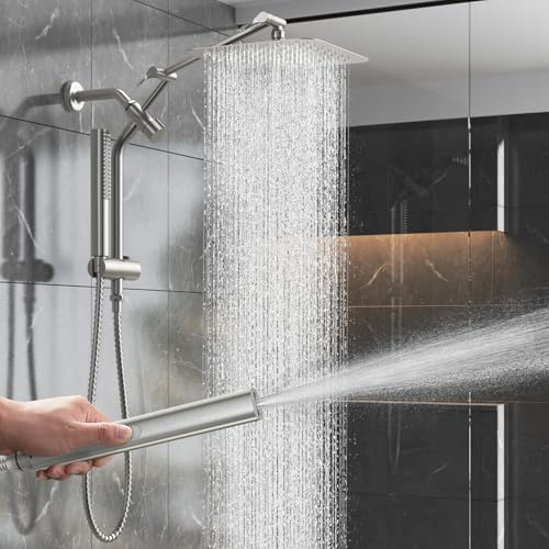 Veken 10 Luxurious Brushed Nickel All Metal Rain Shower Head with Handheld Spray Combo, High Pressure Rainfall Square Shower Heads with Extension Arm, Wide Dual Showerhead, Bathroom Accessories