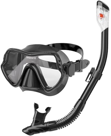 Juego de esnórquel con tubo y gafas de buceo, máscara de buceo impermeable, antivaho, antifugas, de cristal templado, con tubo de secado premium de 3 canales para adultos (negro)