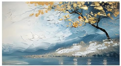LCDIUDIU Quadro Su Tela Dipinto A Mano, Paesaggio Astratto Dipinto Ad Olio, Mare Blu, Spiaggia, Albero Della Fortuna, Opera D'Arte Moderna Di Grandi Dimensioni Senza Cornice per Camera Da Letto, Uff