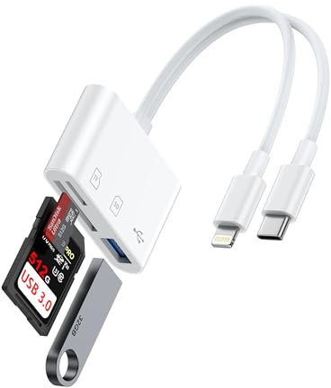 SD Card Reader for iPhone, iPad, Samsung, Memory SD Card Reader USB C&Lightning Dual Port Micro SD Card Reader with USB Camera Adapter Plug and Play Trail Game Camera Card Viewer Supports SD/TF Card