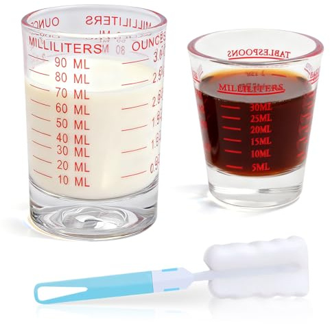 Mispudin 30ml+90ml Bicchierini Misurino 2er Set, Bicchierino Graduato Vetro con Pennello, Bicchieri per Caffè Espresso Shot Glass, Bicchiere Graduato Vetro per Cocktail, Tequila (Rosso)