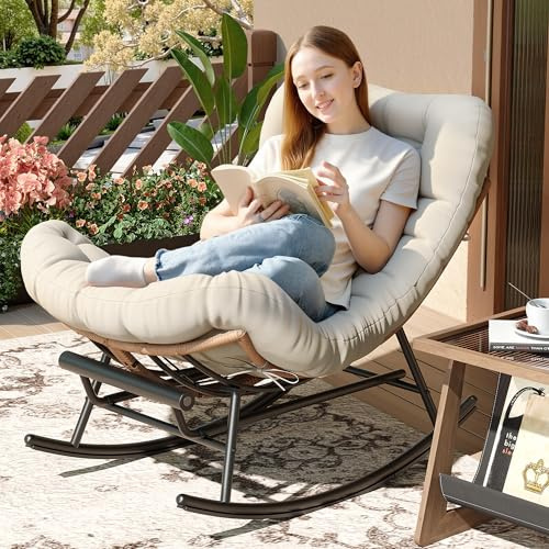 Outdoor Rocking Chair with Footrest, Oversized Patio Papasan Chairs with Cushion, Modern Lounge Rocker Chair for Indoor Living Room Garden Porch Balcony, Beige