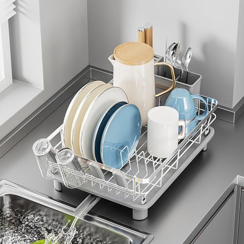Stor diskdränering i rostfritt stål, robust och platsbesparande, med bestickhållare och dräneringsyta, rostfri köksbänkskiva organiserare (grå)
