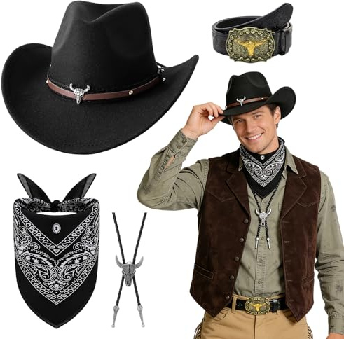 Beamely Cowboy kostym tillbehörsset, 4-delad västerländsk outfit kit med brun hatt, paisley bandana, bälte, bolo halsband för män cosplay fest