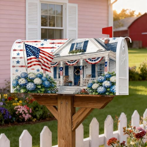 Copertura magnetica per cassetta postale con bandiera americana, patriottica rustica ortensia per il giorno dell'indipendenza della casa, copertura blu per cassetta della posta per giardino e patio