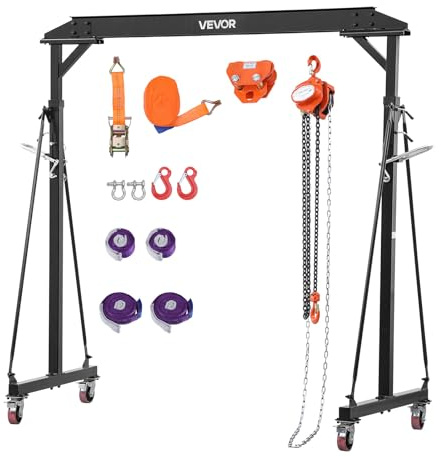 VEVOR Grue à Portique Mobile 997,9 kg, Portique de Levage, Hauteur Réglable 2430-3630 mm, pour Garage, Usine et Entrepôt, avec Chariot Porte-Palan Manuel, Palan à Chaîne, Sangles, Manilles et Crochets