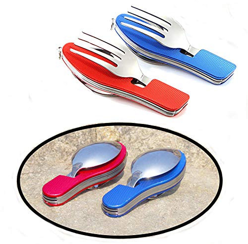 Senven 2 pezzi 4 in 1 stoviglie da campeggio attrezzature da campeggio in acciaio inox forchetta cucchiaio set apribottiglie campeggio posate/viaggio/sopravvivenza - pieghevole staccabile-rosso, blu