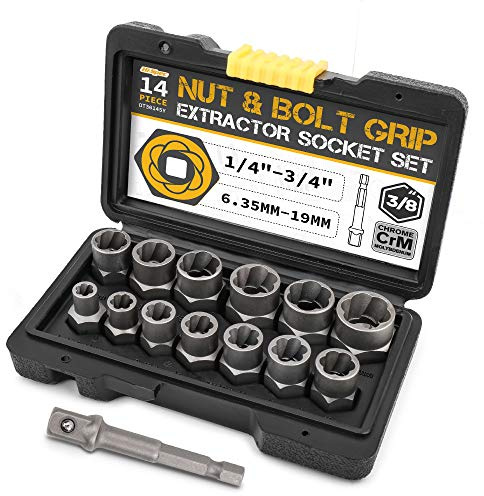Hi-Spec 14pc Nut & Bolt Extractor Set – Bolt Extractor Socket Set for Broken, Stripped & Stuck Fasteners, Head Sizes 6.35-19mm / 1/4-3/4, Essential Repair Tools