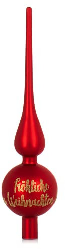 com-four® Weihnachtsbaumspitze mit Schriftzug - Christbaumspitze aus echtem Glas für Weihnachten - Tannenbaumspitze für den Christbaum (28cm - Merry Red matt)