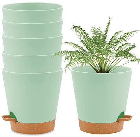 wintfarm Blumentopf,16,5cm 6er Set Pflanztopf mit Bewässerungssystem, Selbstbewässernder Übertopf mit Untersetzer,pflanzkübel Indoor Plants Pot, Blumentöpfe Set Ideal für Innen und Balkongärten(Grün)
