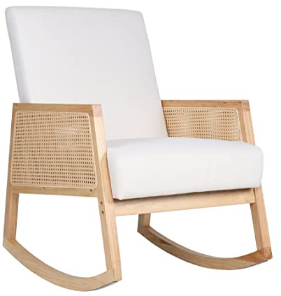 SWEET SOFA® - Butaca Mecedora de Madera y ratán Sofia, Estilo Boho Chic, tapizado Antimanchas. 96x66x82 cm. (Crema/Madera Clara)
