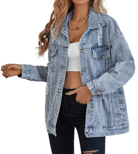 Cylady - Giacca in denim oversize da donna, con strappi, stile boyfriend, a manica lunga, tipo trucker, Azzurro chiaro, Large