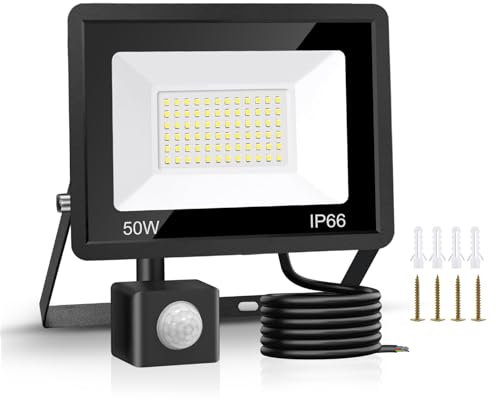 Jsdoin Projecteur LED ExtéRieur 50w, Lampes de SéCurité D'ExtéRieur Avec dé Tecteur de Mouvement, 4500 Lumens, 6500 K, Lampe de SéCurité Pir, Ip66, Lampe de Jour éTanche Avec CâBle d e 2 M Pour