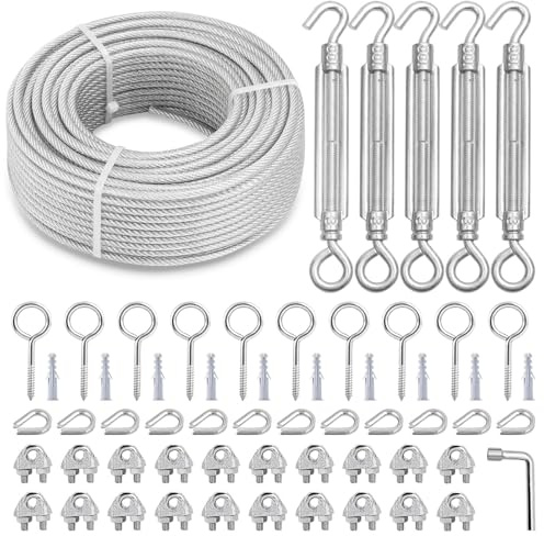 hannger M6 Turnbuckles for Cables Wire Kit, 5MM PVC Coated Steel Cable Kit w/ 7×7 Strand Core & 30M Wire Rope Tensioner Strainer for String Light Hanging/Deck Stair Railing/Shade Sail/Clothes Line