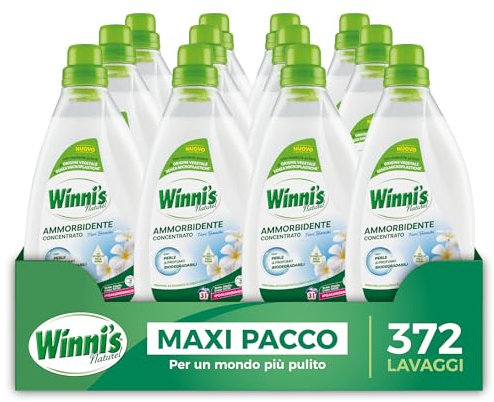 Winni's - Ammorbidente Lavatrice Ipoallergenico Concentrato Ecoformato, 372 Lavaggi, Fragranza Fiori Bianchi, Con Perle di Profumo Biodegradabili, 775 ml x 12 Confezioni