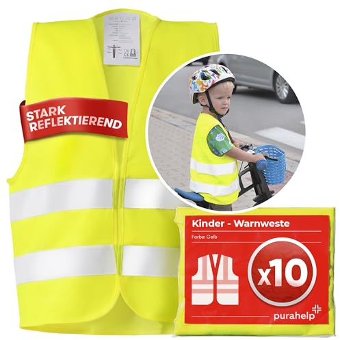 PURAHELP Warnweste Kinder (5-12 Jahre) Sicherheitsweste (10 Stück) für den Schulweg, Fahrrad, Auto - Reflektierende Warnweste Gelb