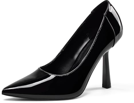 GENSHUO Talons Aiguilles Uniques en Forme de cône, 10 cm de Hauteur, Bout Pointu pour Un Style élégant et confiant, Vernis Noir, 42 EU