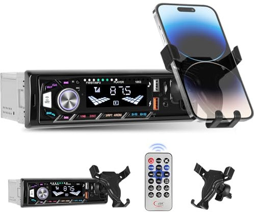 Inefala Radio 1 DIN con Supporto per Telefono, Stereo Auto Bluetooth 5.0 Vivavoce, Autoradio 1 Din con Telecomando/Luce a 7 Colori/Chiamata a Mani Libere/USB Ricarica Rapida/AUX-IN/TF, 45W X 4