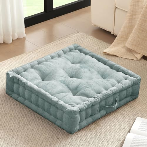 Intelligent Design Large Floor Pillow for Adults Yoga or Meditation Cushion with Handle, Floor Cushion for Board Games, Lustrous Chenille Tufted, Handsewn Scalloped Edge, Azza, 24 x 24 x 5 Aqua
