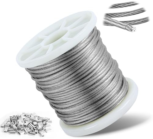 100M Cuerda de alambre, 3mm cable de acero inoxidable 304 con Revestimiento PVC Transparente, núcleo 7x7 hilos, resistencia 517 kg, incluye 100 abrazaderas de aluminio, ideal para plantas trepadoras