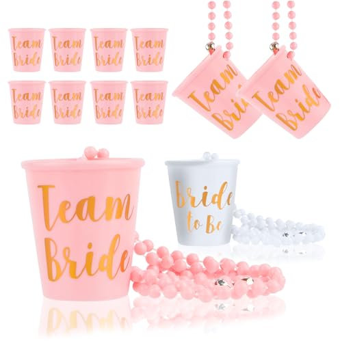 MINISOISO Vasos para despedida de soltera, vasos de chupito con cadena para colgar, 12 unidades, cadena de cristal de chupito, collar de perlas de plástico para JGA, bodas, carnaval, fiesta de novia