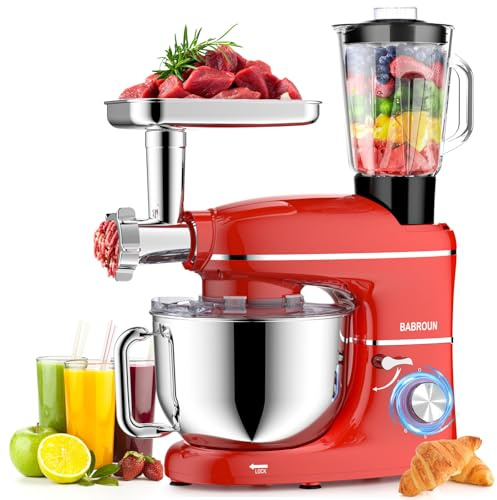 3 In 1 Impastatrice Planetaria Con Gancio Impastatore, Frusta E Sbattitore, Nero/Rosso, Frullatore Da 1.5l, Tagliaverure, Accessori Extra