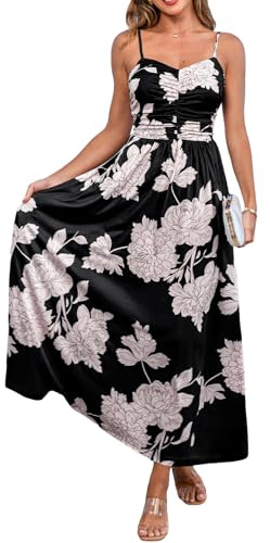 CUPSHE Robe Longue Femme Été Bohème Imprimé Floral Bretelles Fines Buste Froncé Taille Haute Robe Maxi Fluide Chic pour Plage Vacances Mariage Noir L