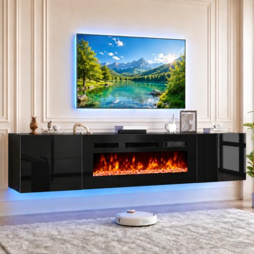 OneBlis 70'' Floating TV Stand with 36 Electric Fireplace, Wall Mounted Entertainment Center with Storage for TVs up to 80, Adjustable 12-Color LED Media TV Console for Living Room,All Black