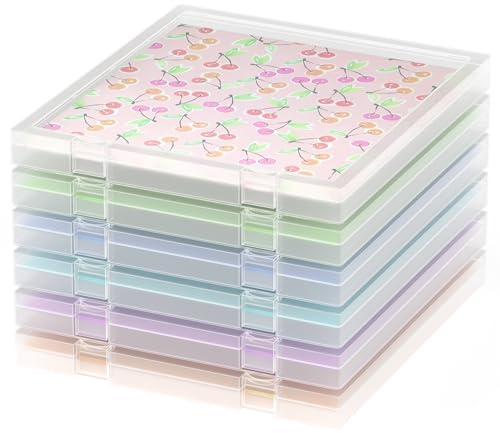 Scrapbook Paper Box Set 6 Pack, 12x12 Scrapbook Organizer with U-Shaped Lock, Stackable Clear Plastic Craft File Organizer for Cardstock and Scrapbooking Supplies