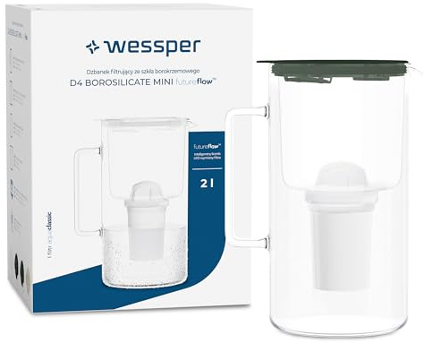 Wessper Caraffa filtrante in Vetro con Cartucce Filtranti per acqua potabile da 2 l, Brocca in Vetro con contatore Filtro Intelligente, Kit Comprendente 1 Filtro a Carbone Attivo- Verde