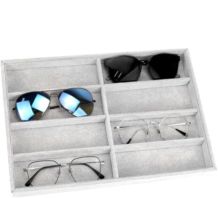 Lansls Organizador De Gafas 8 Rejillas, Bandeja De Exhibición En Terciopelo, Caja Apilable y Versátil Para Gafas De Sol, Relojes y Joyas, Ideal Para Hombres y Mujeres (Gris)