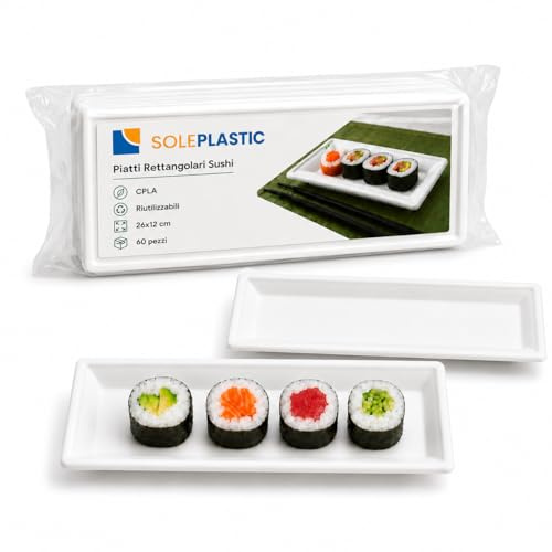 SOLEPLASTIC 60 Piatti Sushi Rettangolari Bio - 26x12 cm - in Polpa di Cellulosa - Biodegradabili, RIUTILIZZABILI e RESISTENTI - Stoviglie Ecologiche per Aperitivo, Catering, Buffet e Take Away