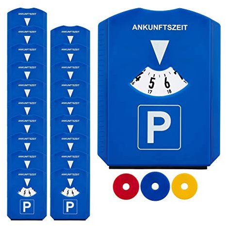 Relaxdays 20 x Parkscheibe im Set, Eiskratzer, 3 Einkaufswagenchips, Gummilippe, Parkuhr Auto, StVO, Kunststoff, Parkkarte, blau